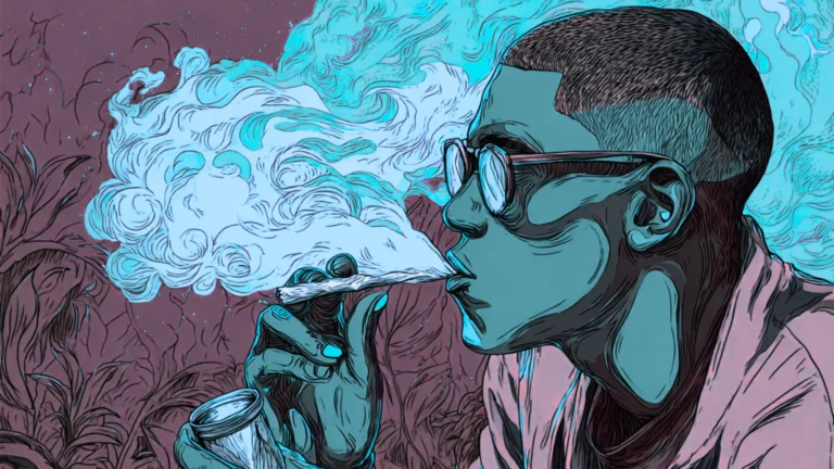 Comic-art image of a guy smoking a pre-roll. the image is primarily purple and blue