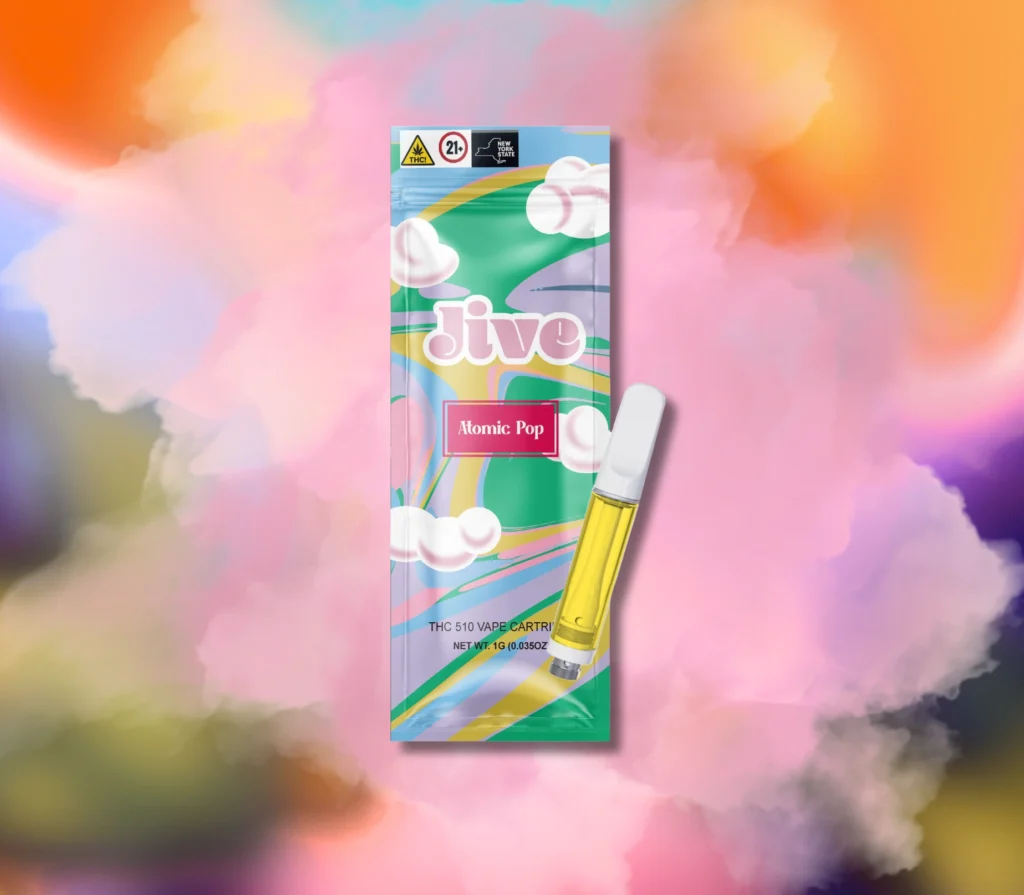 Jive Vape cart and packaging on artistic paint splash background