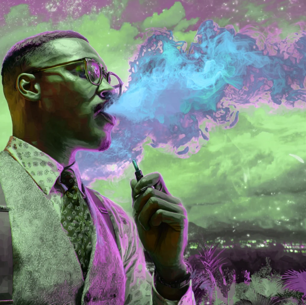 Guy hitting a vape. artistic image primarily green, purple, blue, and black colors