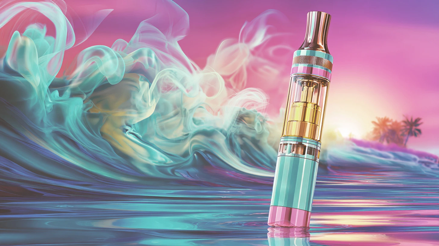 A vape floating in the water with a big wave in the background