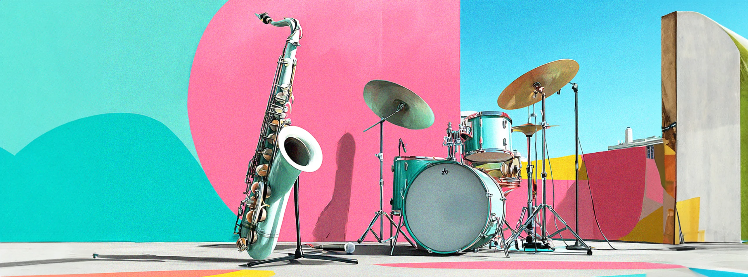 colorful background with a drumset and saxophone