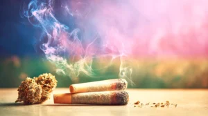 Image of two joints on their side beside some cannabis bud in what looks to be a beach setting