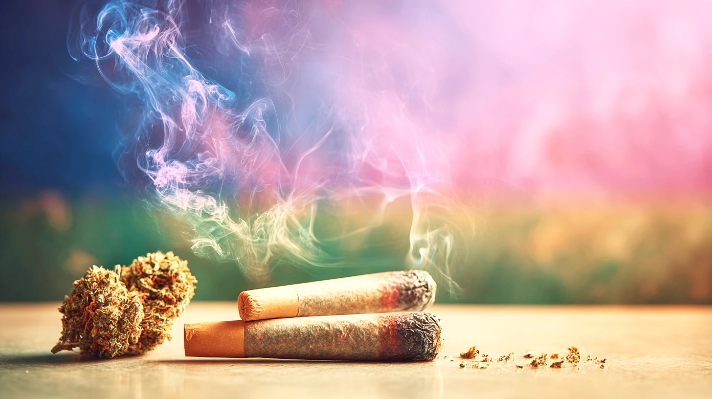 Image of two joints on their side beside some cannabis bud in what looks to be a beach setting