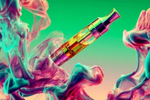 A vibrant vape cartridge surrounded by swirling colorful smoke clouds on a green and pink gradient background.