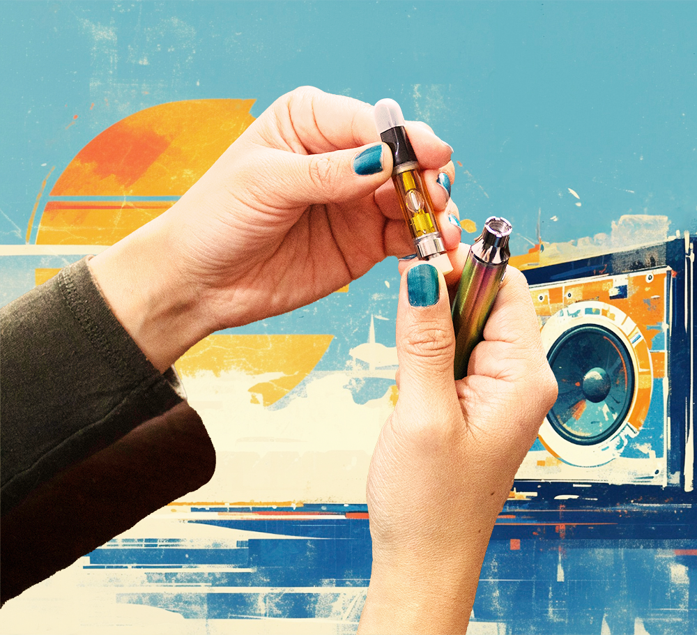 Hands screwing a vape cartridge off of the battery.