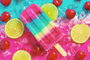 Tri-colored popsicle in bright pink, aquamarine, and cream, suspended in a vibrant blue and pink liquid, garnished with cherries and limes on top, creating a colorful scene