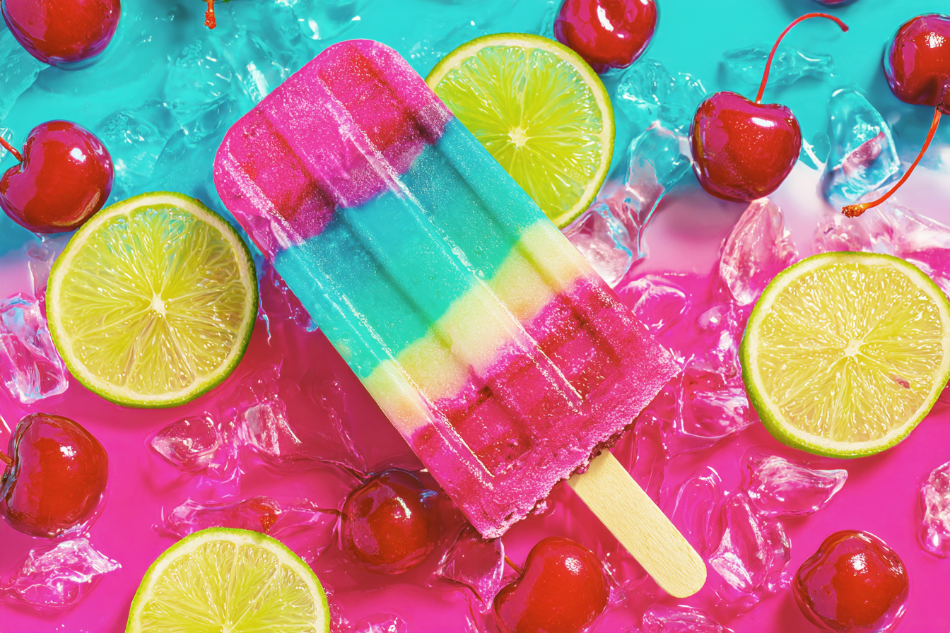 Tri-colored popsicle in bright pink, aquamarine, and cream, suspended in a vibrant blue and pink liquid, garnished with cherries and limes on top, creating a colorful scene