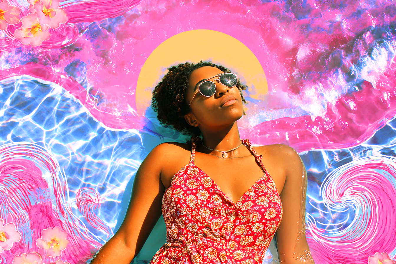 Stylish woman wearing a red summer dress and sunglasses, standing against a groovy, abstract sunset backdrop with blue waves, pink skies, and a yellow sun, bathed in warm sunlight.