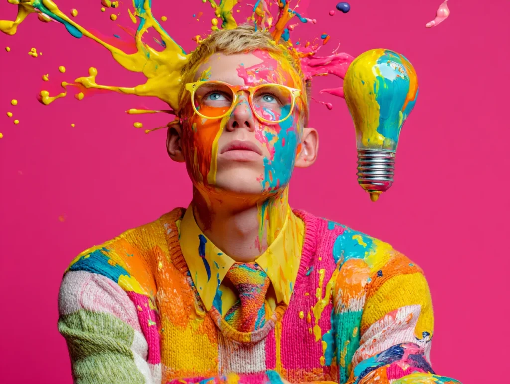 Man in colorful glasses and sweater covered in paint splashes with a floating lightbulb next to his head on a hot pink background.