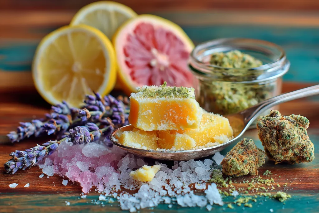 Cannabis edibles, flower buds, and colorful botanicals including grapefruit, lemon, and lavender arranged on a wooden surface.