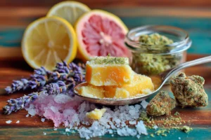 Cannabis edibles, flower buds, and colorful botanicals including grapefruit, lemon, and lavender arranged on a wooden surface.