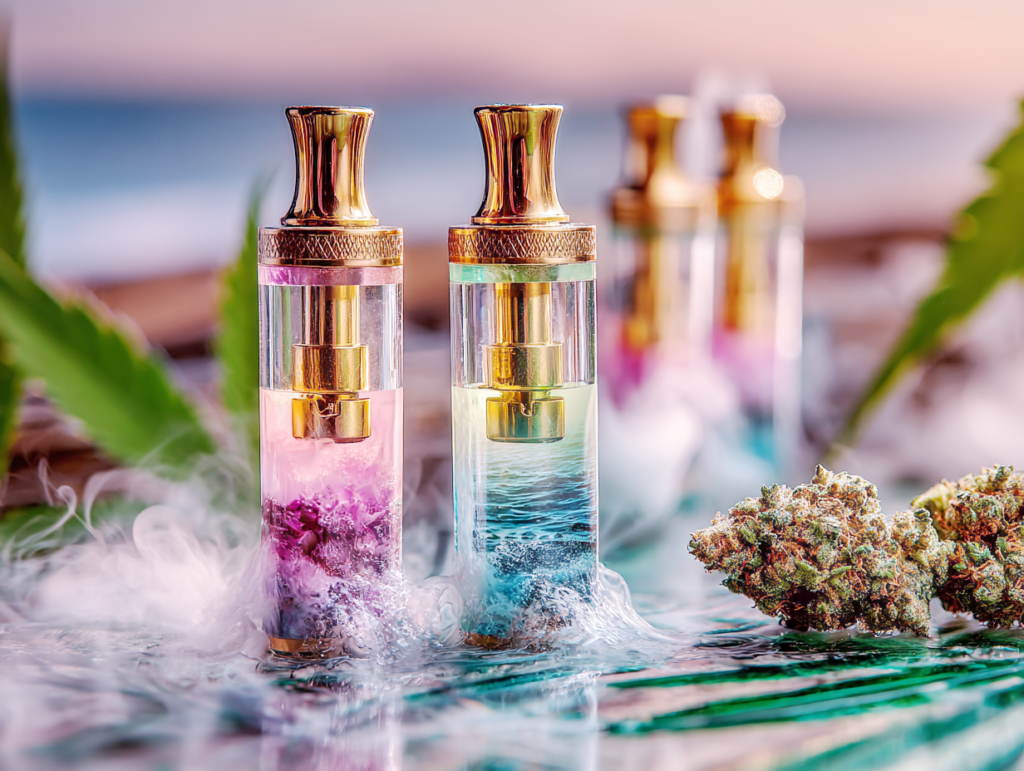 Artistic cannabis vape cartridges with gold tops, colorful liquid inside, mist, and cannabis buds in the foreground on a glossy surface.