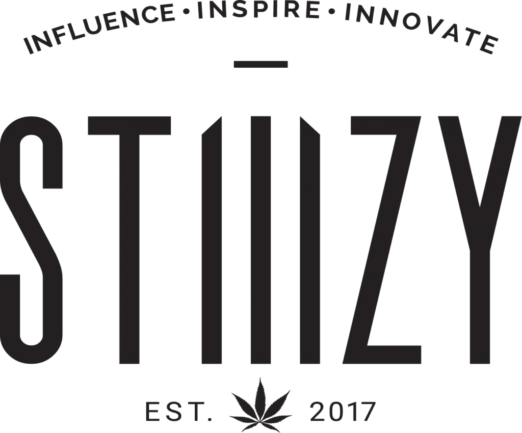 STIIIZY logo with vertical triple-I design, cannabis leaf symbol, and the words “Influence, Inspire, Innovate – EST. 2017”