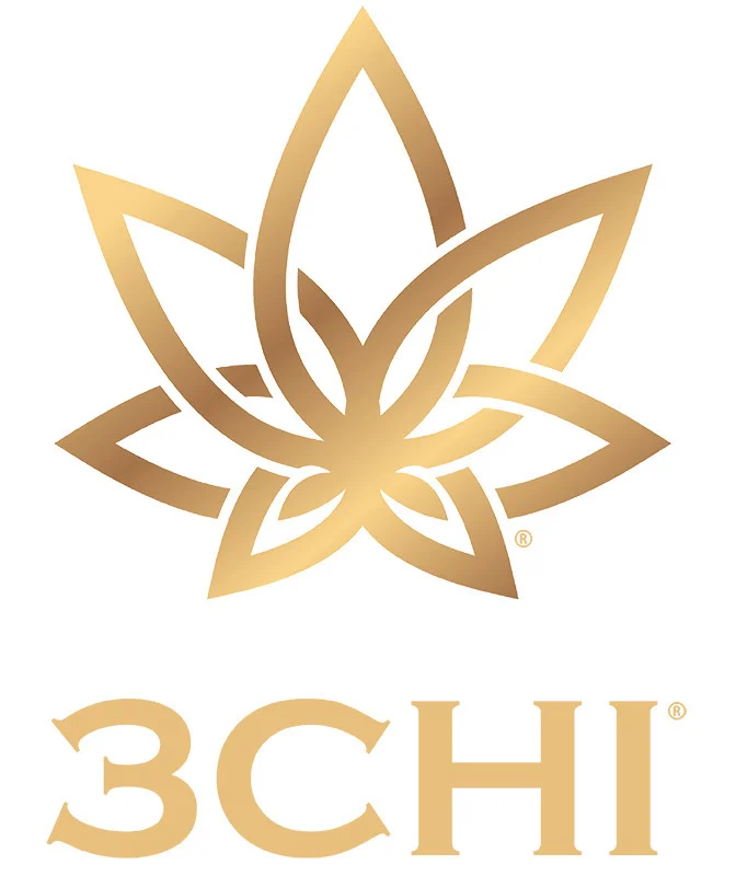 3CHI logo featuring a stylized golden cannabis leaf in a geometric design above the brand name in bold serif typeface.