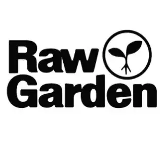 Raw Garden logo with seedling icon in black on a white background.