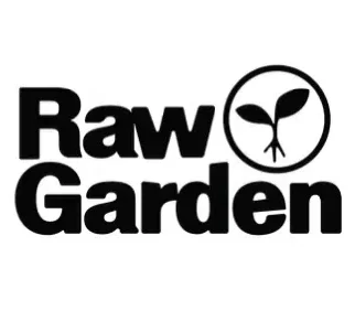 Black and white Raw Garden logo featuring bold text and a minimalist sprout icon enclosed in a circle.