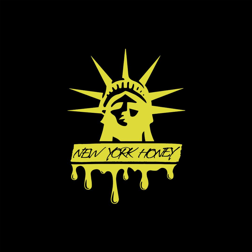 New York Honey logo featuring a stylized Statue of Liberty face dripping with honey and neon yellow text.