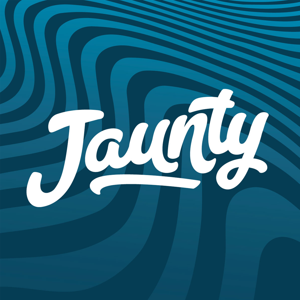 Jaunty logo in white cursive lettering on a blue background with wavy lines.