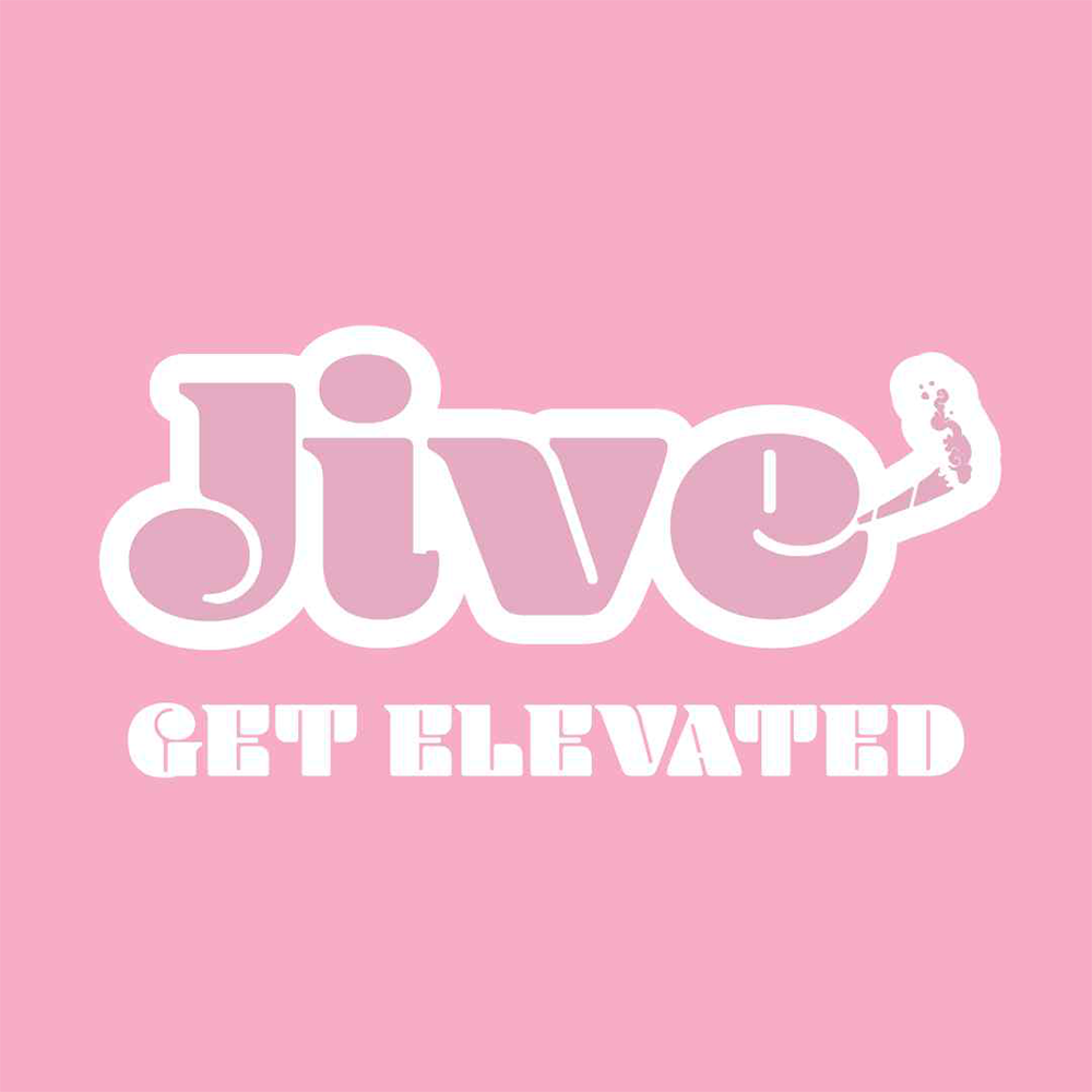 Logo for “Jive – Get Elevated” in a retro white font on a pink background, with smoke rising from the letter "e".