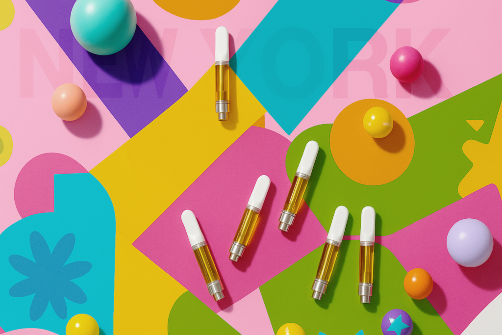 THC vape cartridges arranged on a colorful pop-art style background with geometric shapes and 3D spheres.