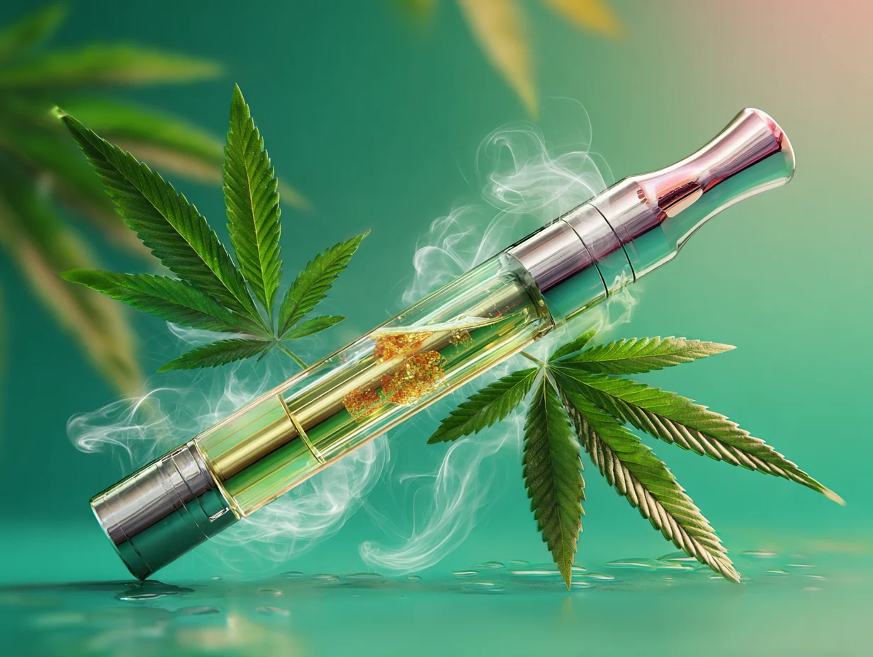 A sleek cannabis vape pen with visible golden THC oil, surrounded by cannabis leaves and light vapor on a green gradient background.