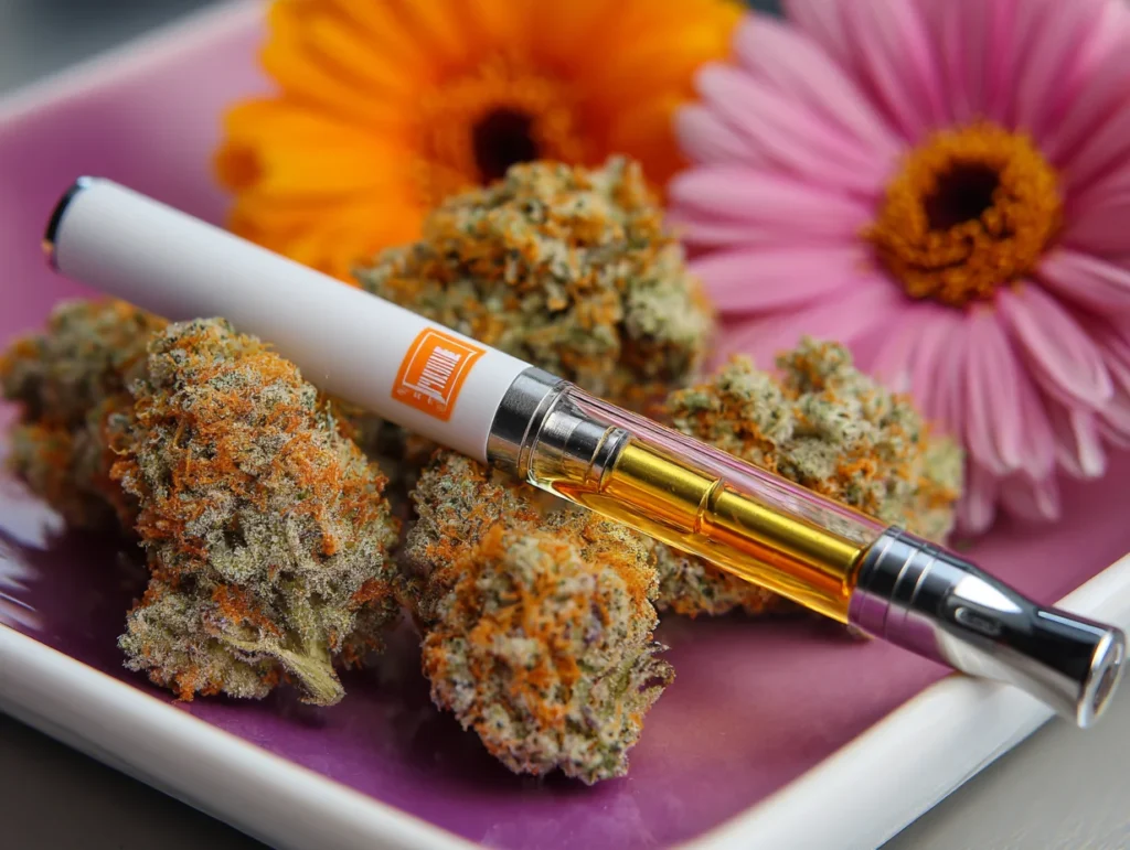 White cannabis vape pen with golden oil on cannabis buds and colorful daisies in the background.