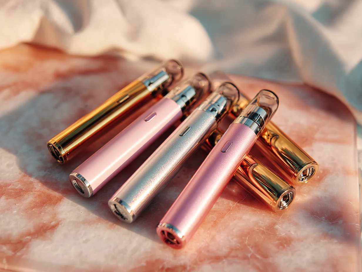 A neatly arranged group of sleek disposable vape pens in metallic pink, silver, and gold tones placed on a warm-toned marble surface, with soft ambient lighting and fabric in the background.