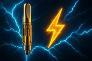 THC vape cartridge shown with electric lightning bolt graphic on a dark background.