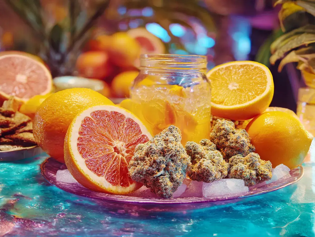 A colorful still life of cannabis buds on ice with sliced grapefruit, oranges, and a citrus drink in a glass jar.