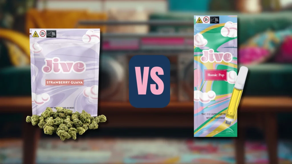 Side-by-side product comparison of Jive’s Strawberry Guava flower and Atomic Pop vape cartridge.