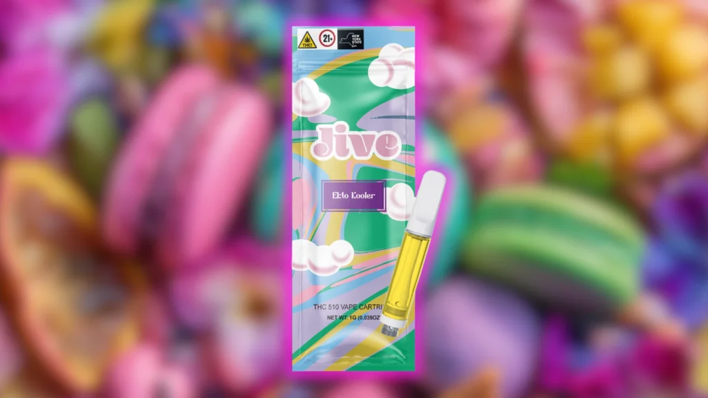 Colorful Jive vape cartridge packaging labeled “Ekto Kooler” with a white mouthpiece, set against a blurred background of vibrant sweets and candy.