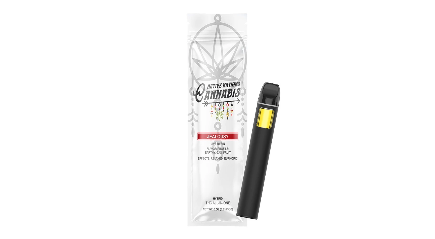 Product shot of Native Nations Cannabis Jealousy vape pen and packaging on a white background.