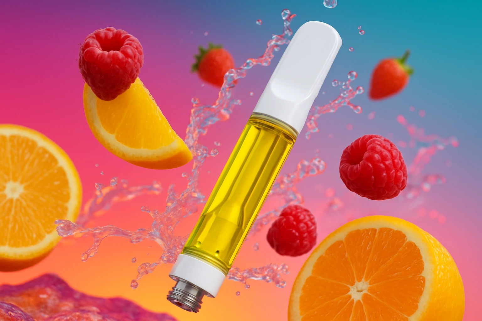 THC vape cartridge surrounded by splashes of water, raspberries, strawberries, and orange slices on a vibrant pink and blue gradient background.