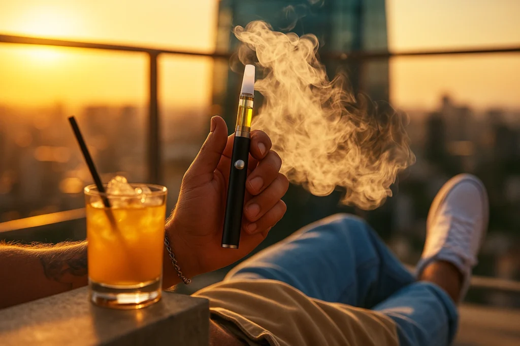 A person lounging at sunset holding a vape pen with vapor rising, a cocktail with a straw in the foreground, and a cityscape in the background.