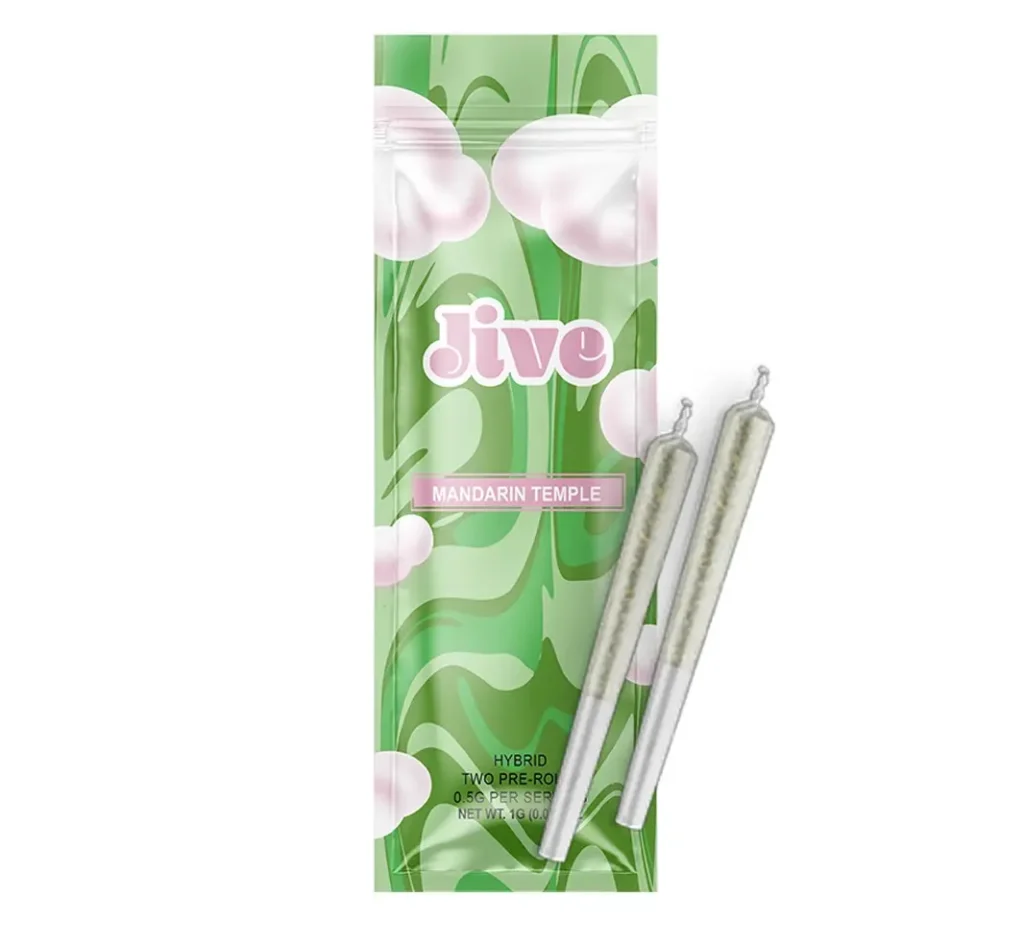 Jive Mandarin Temple cannabis pre-roll packaging with two joints placed beside the pouch.