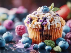 A close-up of a blueberry muffin topped with icing and a fresh blueberry, surrounded by various berries and mint leaves.