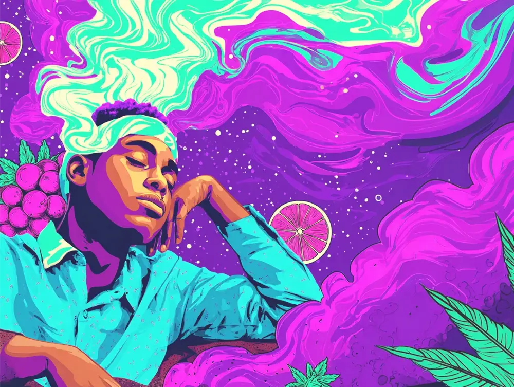 Psychedelic illustration of a relaxed person surrounded by purple smoke, citrus, and grape imagery symbolizing Humboldt Headband cannabis effects.