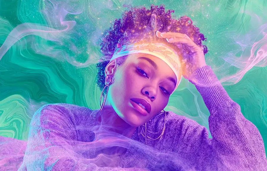 Colorful digital art of a woman experiencing a euphoric mental high with swirling smoke and sparkling effects.
