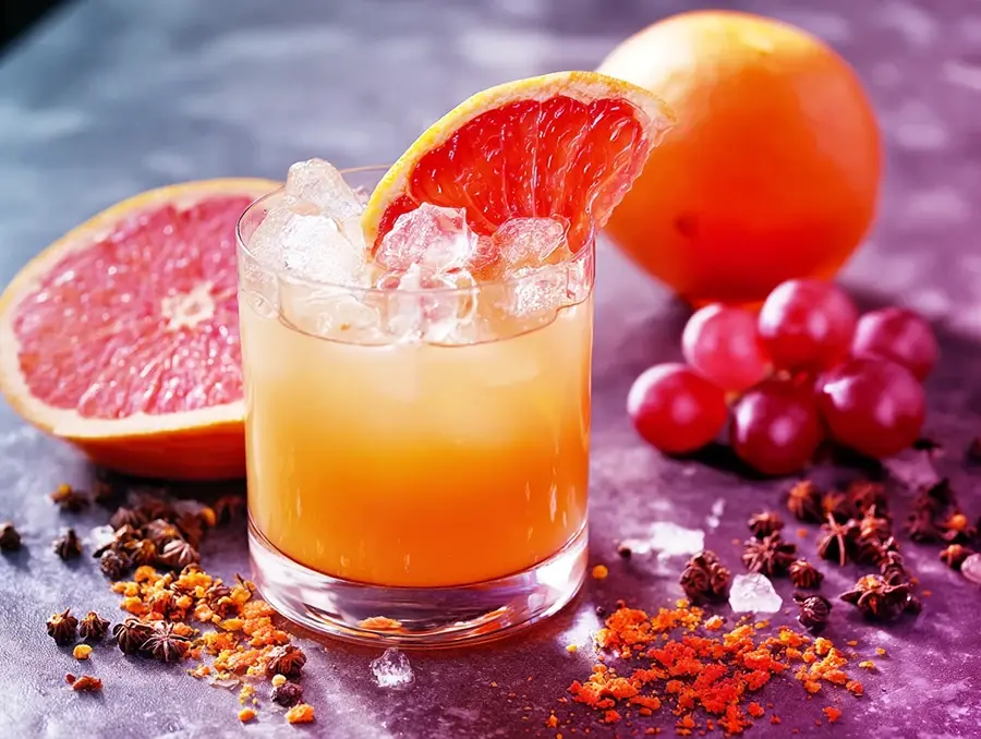 Grapefruit juice with ice and citrus garnish surrounded by grapefruit halves, grapes, and spices on a vibrant tabletop.