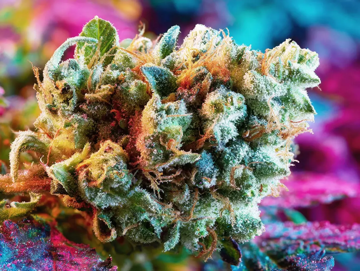 Close-up of a frosty cannabis bud with trichomes, set against a vibrant background.