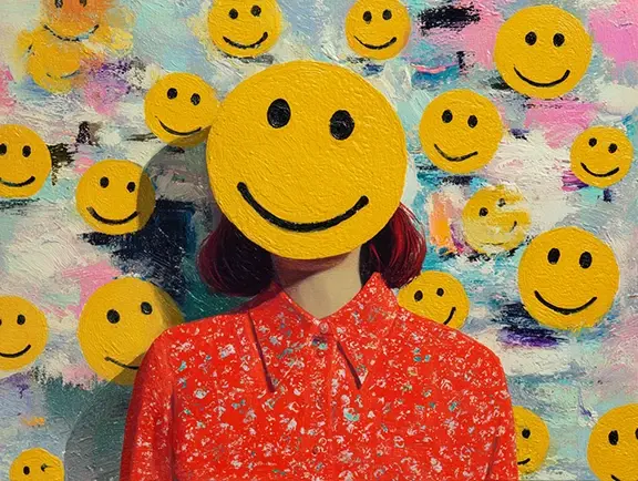A person with a smiley face mask surrounded by painted yellow smiley faces.