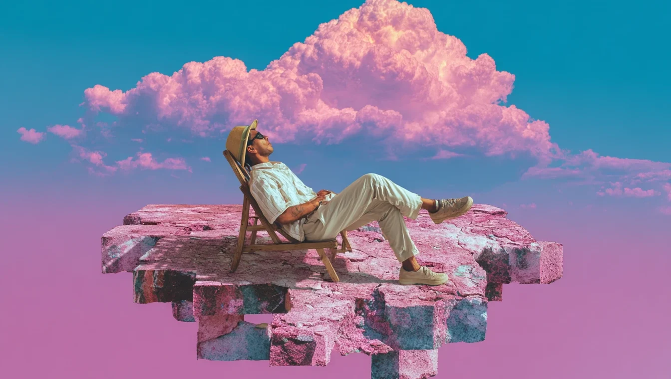 Background of the image is a colorful sky and the image shows a man relaxing on a chair