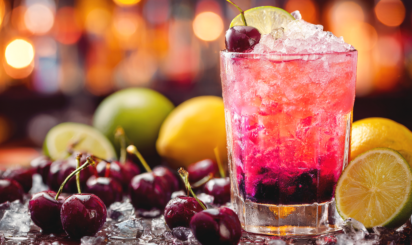 Glass of soda with ice and a cherry on top, placed on a surface scattered with cherries, with a blurred background showing a lemon, lime, and lights, evoking a bright, refreshing vibe.