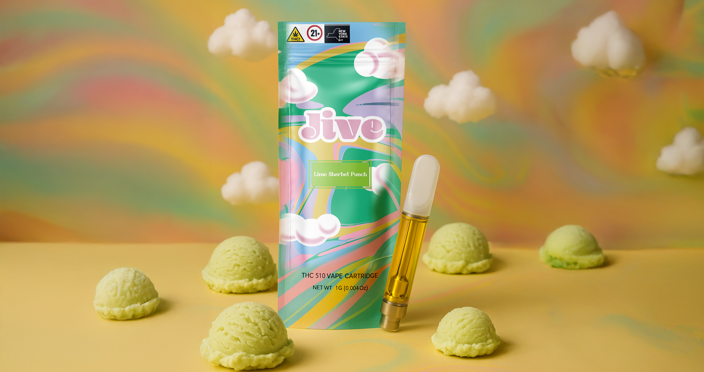Colorful packaging for a THC vape cartridge labeled “Jive Lime Sherbet Punch,” surrounded by scoops of lime sherbet against a pastel rainbow backdrop with floating cotton clouds.