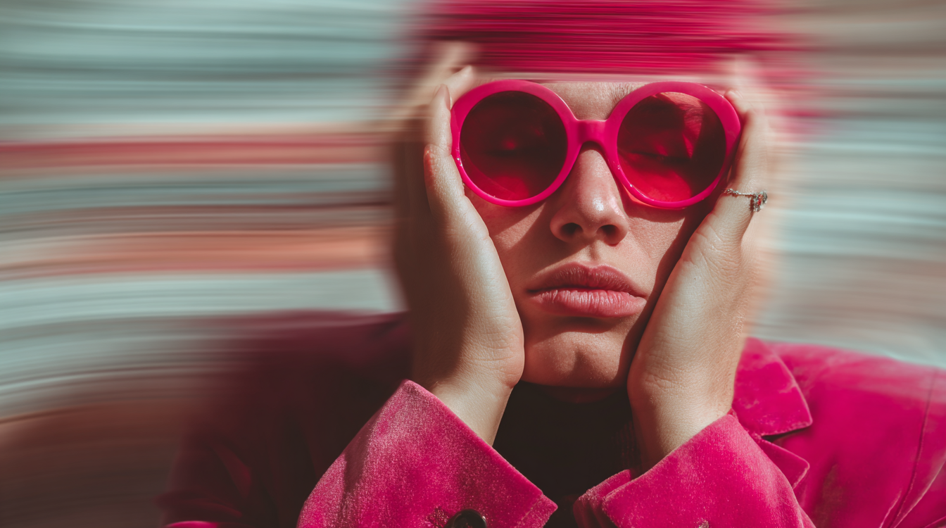 Person in a bright pink outfit and round sunglasses, holding their face with both hands, set against a motion-blurred background.